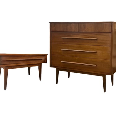 Free Shipping Within Continental US - Vintage Mid Century Modern Cherry Wood Tallboy Dresser and End Table Set 