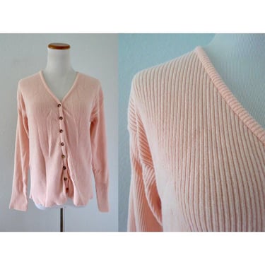 Vintage Pastel Cardigan - Peach Pink Sweater - Cotton Button Up Long Sleeve V-Neck Blouse - Size Medium 