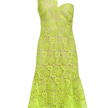 Karen Millen - Chartreuse Lace One Shoulder Fit &amp; Flare Dress Sz 10