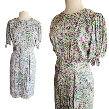 Vintage 80s Dress Floral Print Silk Norah Noh Monet Impressionist Pattern 