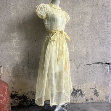Vintage 1930s Yellow Cotton Organza Dress Short Puff Sleeve Sheer With Bow Belt
