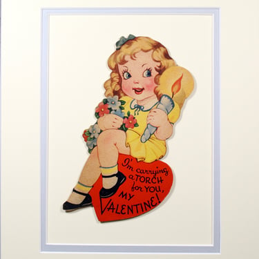 1930s Wall Art - Vintage Valentine "Holding a Torch for You" Includes Ivory & Pale Blue Mat - Fits 8x10" Frame Sold UNFRAMED 