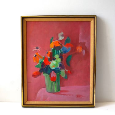Vintage Framed Mid-Century Still Life Painting, Table top with Abstract Flowers, Signed 