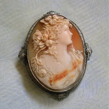 Antique Edwardian 14K White Gold Cameo Brooch Pin, Old Carved Cameo With Woman, Antique 14k White Gold Cameo Pin (#4023) 