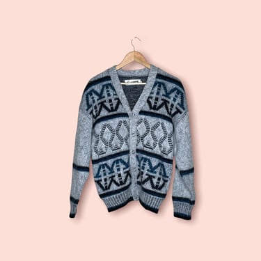 Vintage 90's Grey Wool Mohair Acrylic Blend Geometric Cardigan Sweater Clasiqe, Size 40 