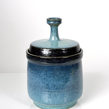 Vintage Studio Pottery Blue Lidded Stoneware Vessel by Gawaine Dart 1970s Mid Century Modern 