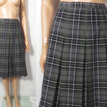 Vintage 50s/60s A Line Pleated Plaid Cotton School Girl Midi Skirt Made In USA Union Label Size 28 Waist 