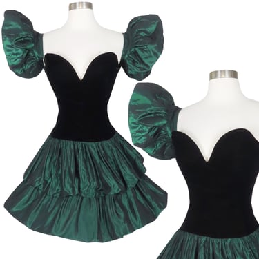 Vintage 80s Green Taffeta Ruffle Sleeve Black Velvet Double Bubble Full Skirt Prom Party Dress XXS XS Extra Small Avant Garde Queen Dance 