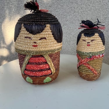 Vintage Japanese Kokeshi Dolls Style Straw Baskets Nesting  Set 2. 