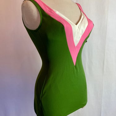 60’s Oleg Cassini Peterpan swimsuit one piece bright color block mossy green & pink Vintage bathing suit with original tags size 4 ish 