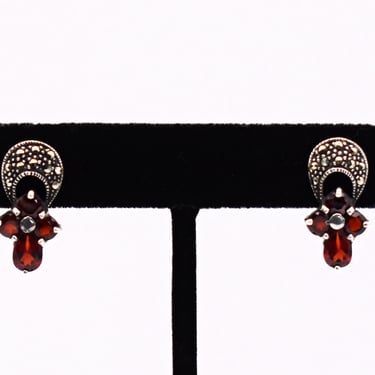 60's bohemian garnet 925 silver marcasite studs, unusual red gems sterling pyrite cross & mitre earrings 