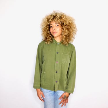 French Chore Coat // vintage 70s faded jacket boho hippie blouse shirt dress 1970s distressed denim work painters army green military // O/S 