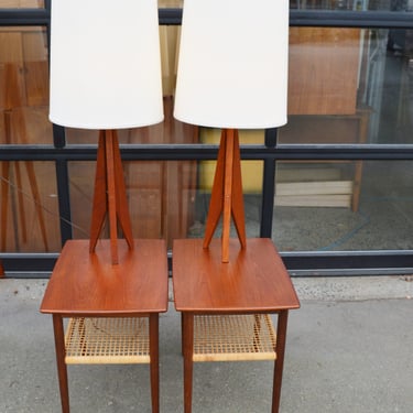 Pair of Teak Tripod Table Lamps w/ Cream Linen Shades