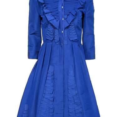 Oscar de la Renta - Blue Taffeta Silk Ruffle Detail Dress Sz 6