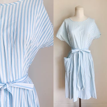 Vintage 1950s Princess Peggy Blue and White Striped Wrap Dress / S-M 
