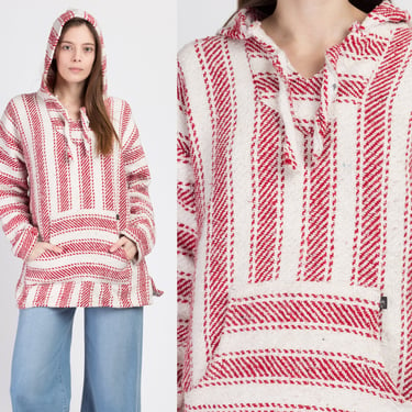 90s Red & White Striped Drug Rug Hoodie - Large | Vintage Mexican Hooded Striped Baja Jerga Sweater 