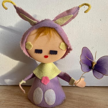 Mid Century Easter, Girl Bunny Rabbit In Lavender And Yellow, Holding Purple Butterfly, Felt Outfit 