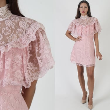 Pink Prairie Wedding Mini Dress / Vintage 70s Sheer Floral Lace Bridal Outfit / Simple Bridesmaids Capelet Tea Frock 