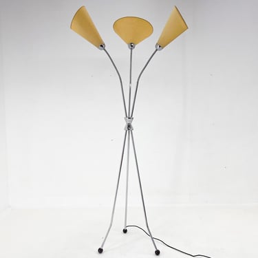 1960s Chrome Plated Tripod Floor Lamp, Hand Made Shades / Parchment Paper 