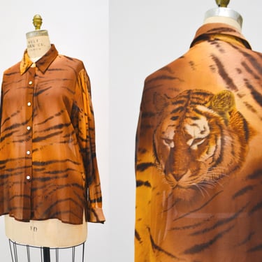 90s Animal Print Silk Shirt Leopard Print Silk Shirt Medium Tiger Print Sheer Top // Vintage Silk Animal Print Shirt Long Sleeve Blouse Top 