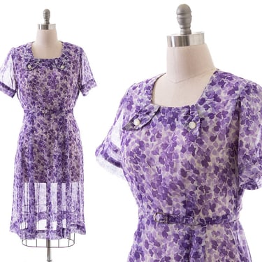 Vintage 1940s Dress | 40s Purple Floral Printed Sheer Cotton Voile Belted Volup Sheath Day Dress (large/x-large) 