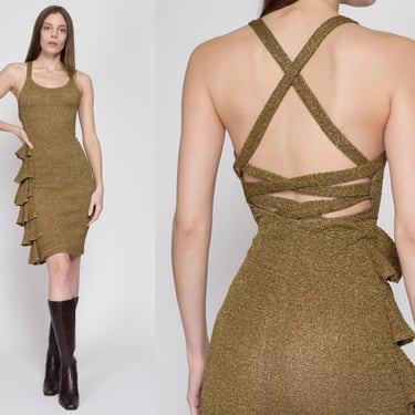 XS 70s Frederick's Of Hollywood Gold Metallic Bodycon Dress | Vintage Crossback Open Back Sleeveless Mini Ruffle Party Dress 