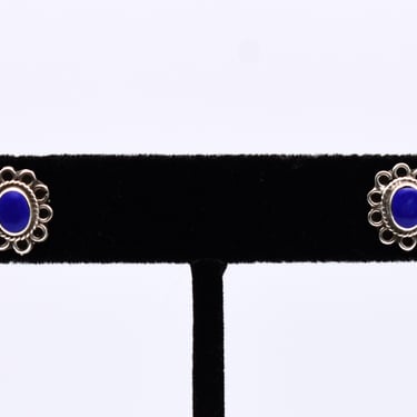 70's sterling lapis lazuli Southwestern flower studs, small 925 silver tribal hippie earrings 