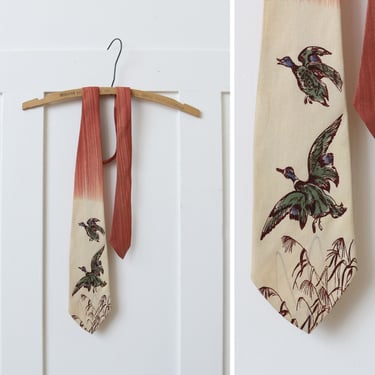 vintage early 1950s necktie • novelty print ducks handpainted wide tie 