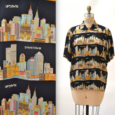 90s Vintage Nicole Miller Mens Silk Shirt NYC New York City Architecture Print XS Small Medium// Mens Silk shirt Uptown Downtown 