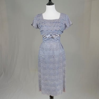 50s 60s Lace Cocktail Party Dress - Gray w/ a touch of Blue - Ferman O'Grady - Vintage 1950s 1960s - S 