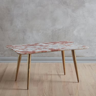Rouge Languedoc Marble Coffee Table with Tapered Brass Legs, Italy 1950s