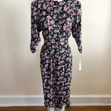 Black and Pink Floral Print Dress - 1980s 