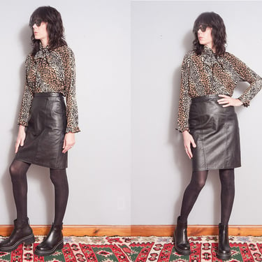 Vintage 1980's | Black | Leather | Pencil | Skirt | S 