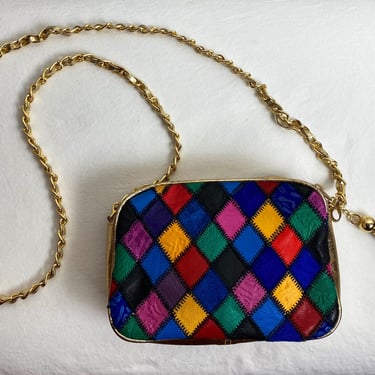 90’s colorful leather suede patchwork metallic gold Bling bling purse Gold shiny chain crossbody small chunky compact bag Retro glam 