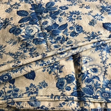 Antique Blue Floral Cotton Fabric, Remnants, Period Projects, Printed Floral, Historical Textile Collectors, Chateau Decor, French Farmhouse 