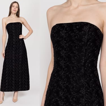 XS 90s Black Velvet & Silver Floral Strapless Evening Gown | Vintage Scott McClintock Maxi Party Dress 
