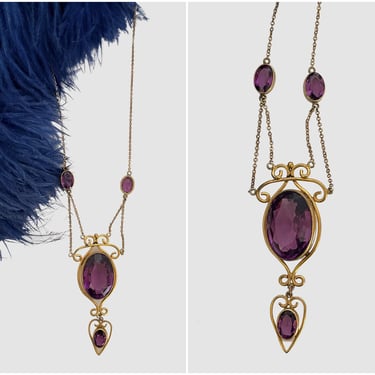 LA BELLE EPOQUE Edwardian Gold Tone and Amethyst Necklace | Antique 1910s - 1920s Purple Czech Glass Crystal Lavaliere | Art Nouveau Jewelry 