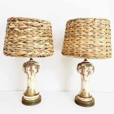 Antique Asian Wisteria Lamps & Shades - a Pair 