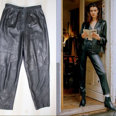 Vintage 80s Black Leather Pants, 1980s High Waisted Trousers, Straight Leg, Biker 