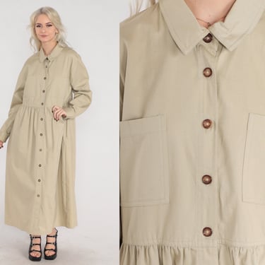 Tan Maxi Dress 90s Khaki Button Up Day Dress Ankle Length Long sleeve High Waisted Chest Pockets Retro Casual Cotton Vintage 1990s XL 16 