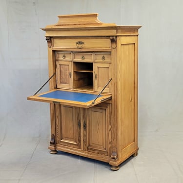 Antique Danish Biedermeier Pine Secretary Desk With Blue Leather