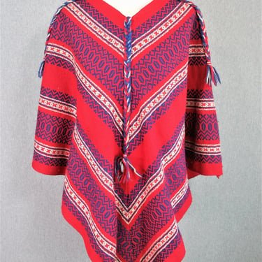 1960-70s - Wool - Bohemian - Red/Blue - Cowgirl - Poncho 