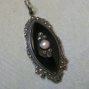 Antique 1920's Art Deco Sterling Marcasite and Onyx Necklace, Antique Art Deco Pearl Necklace, Old Sterling Marcasite Pearl Necklace (#4495) 