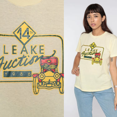 Leake Auction Shirt 80s Classic Car Auction 1986 T Shirt Vintage 80s Graphic Tee Retro Scottsdale Arizona TShirt 1980s Yellow Top Medium M 