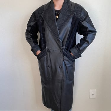 Vintage Womens 80s Wilsons Leather Black Double Breasted Trench Coat Sz M 