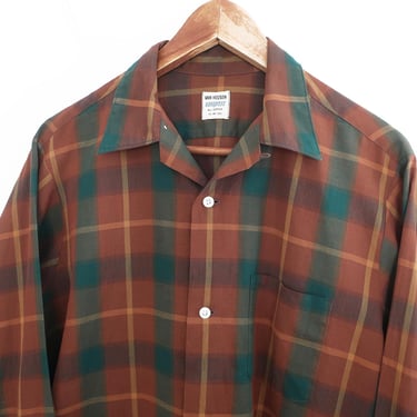 vintage button up / 60s loop collar / 1960s brown green plaid cotton long sleeve loop collar shirt Medium 