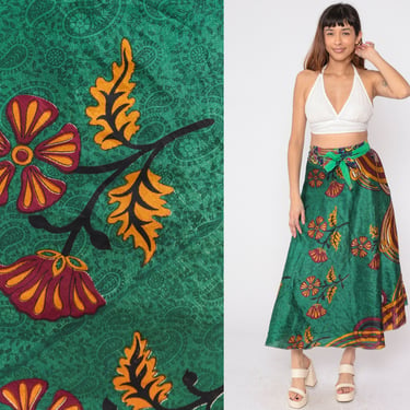 Reversible Wrap Skirt Y2K Hippie Boho Skirt Green Indian Floral Paisley Print Midi Skirt Flowy Layered Summer Vintage 00s Small Medium Large 