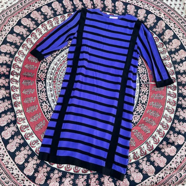 Vintage early ‘80s New Wave violet purple & black striped dress | dramatic 1980s Silk Studio dress, M 