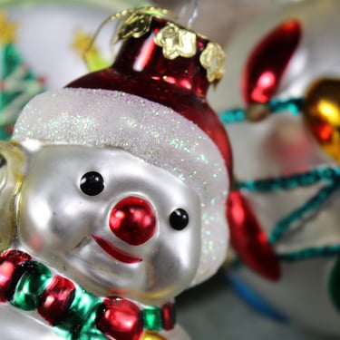 Glass Christmas Ornaments, Circa 1980s - Set of 3 Vintage Christmas Ornaments | Snowman Ornament | Sculpted Glass Ornaments 
