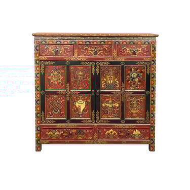 Tibetan Style 8 Auspicious Symbols Graphic Credenza Storage Cabinet ws4623E 
